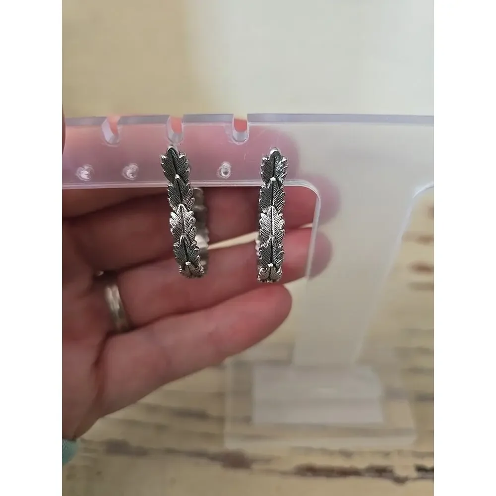 Vintage Silver Leaf Hoop Earrings Boho Textured Oak Branch Botanical Nature Gift
